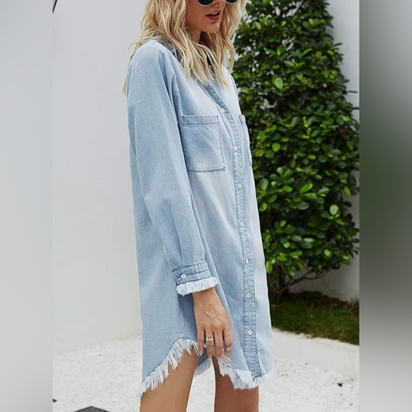 Zilcremo Women Denim Button Down Shirt Dress Long Sleeve Distressed Jean Sz L - Picture 2 of 15